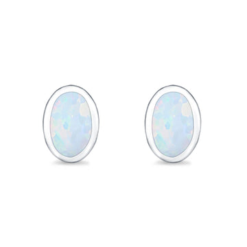 Solitaire Oval Stud Earrings Lab Created White Opal 925 Sterling Silver